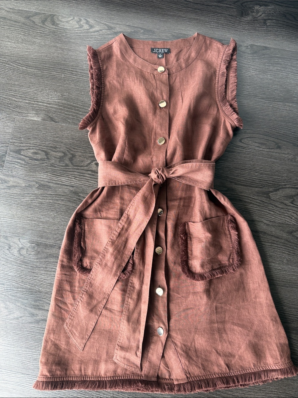 J. Crew Rust Brown Sleeveless Button-Front Mini Dress with Tie Belt